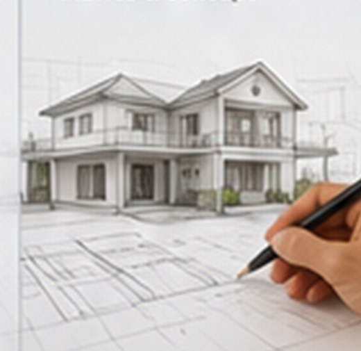 Hand die een schets van een woning uitwerkt op een bouwplan
