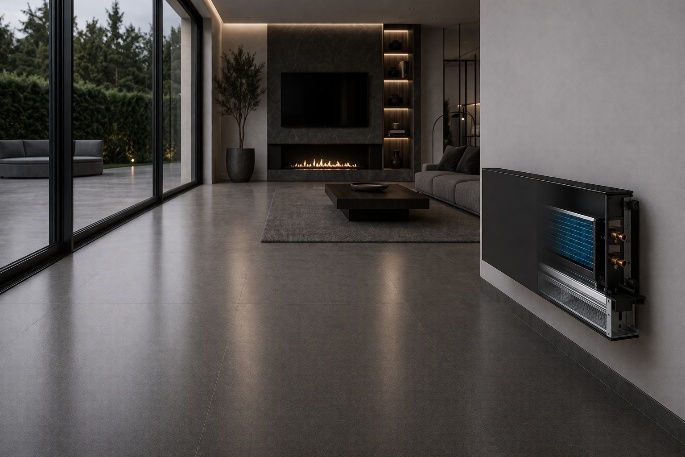 Wandconvector gemonteerd in een moderne, donker afgewerkte leefruimte