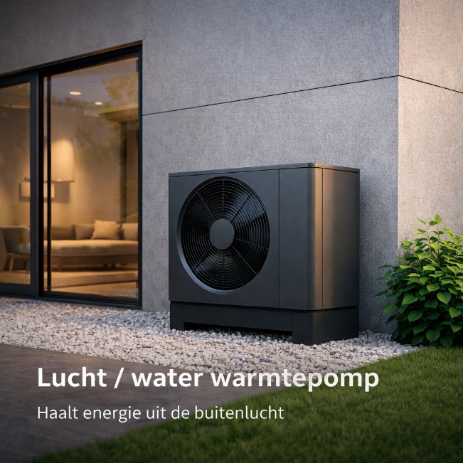 Buitenunit van een lucht-water warmtepomp tegen de gevel van een moderne woning