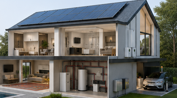 Doorsnede van een moderne woning met warmtepomp, sanitair warm water, vloerverwarming, zonnepanelen, thuisbatterij en laadpaal